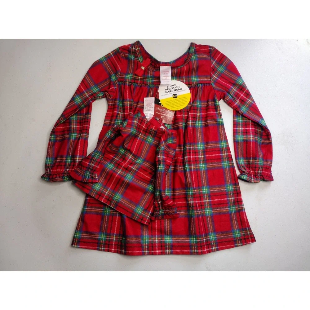 North Pole Trading Co‎ Girls Red Plaid Nightgown and Matching Doll Outfit Set 3T